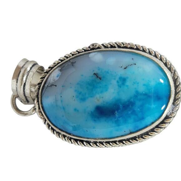 Blue Opal Pendant – Handmade Sterling Silver 1.5" Oval Necklace - Picture 2 of 12